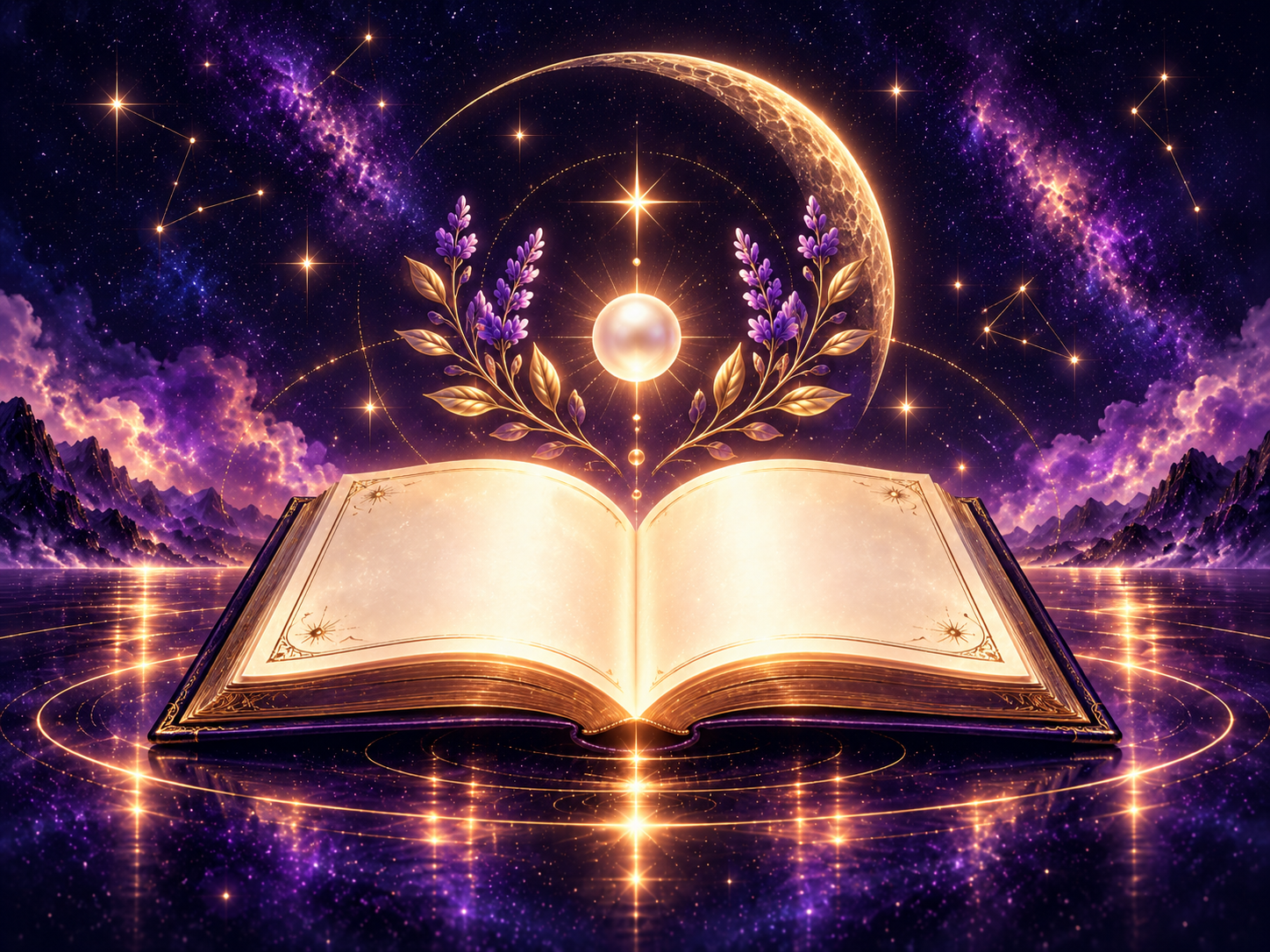 Open luminous keepsake book beneath a crescent moon and new-life star