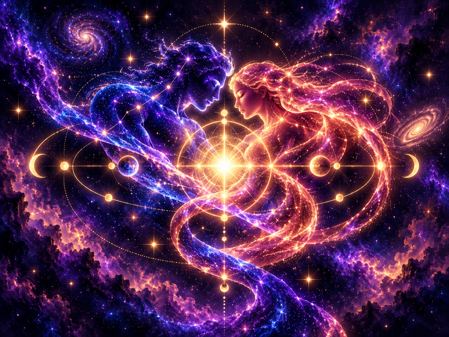 Two luminous cosmic figures connected by golden relationship geometry