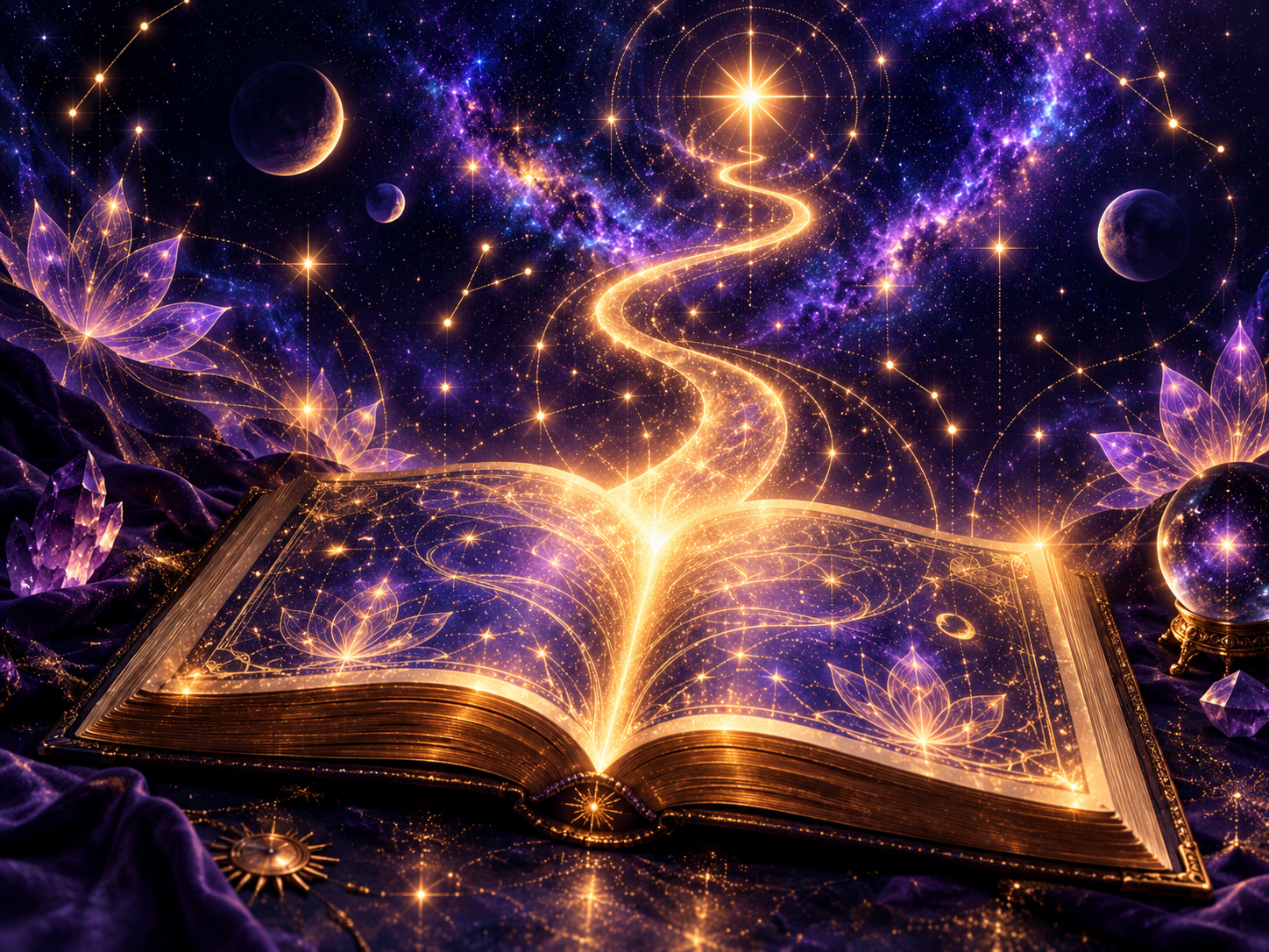 Luminous golden numerology path rising from a celestial book