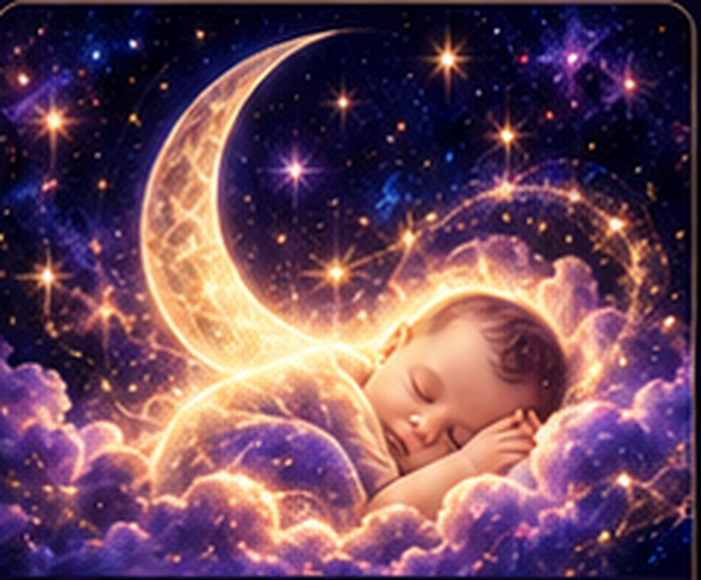 Sleeping baby beneath a luminous crescent moon