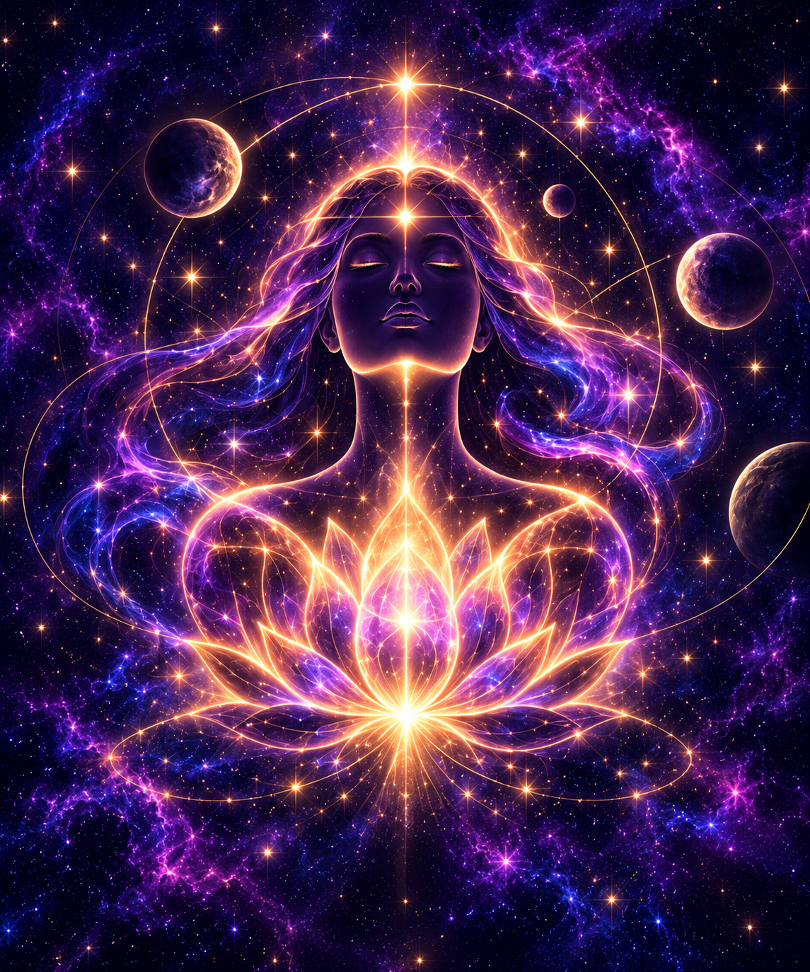 Celestial woman holding a luminous lotus